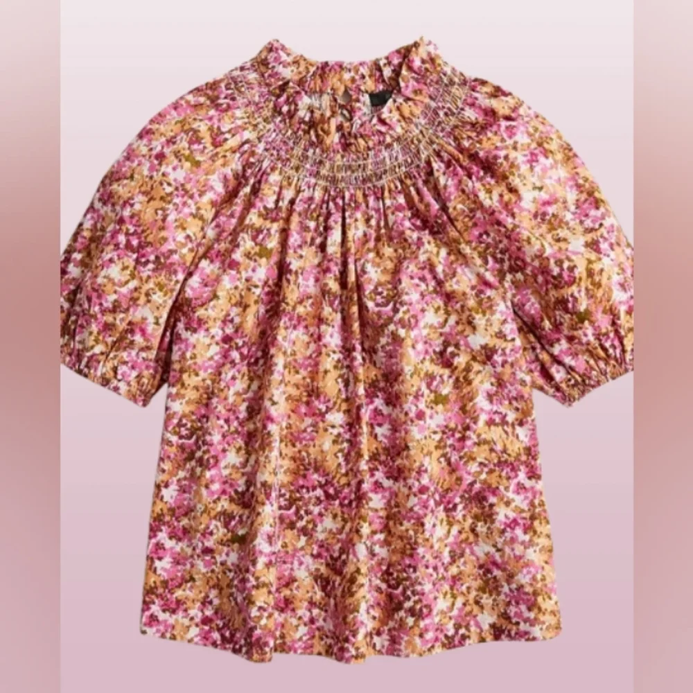 J. Crew Medium Smocked Floral Short Puff Sleeve Pink Floral Blouse Tie Back